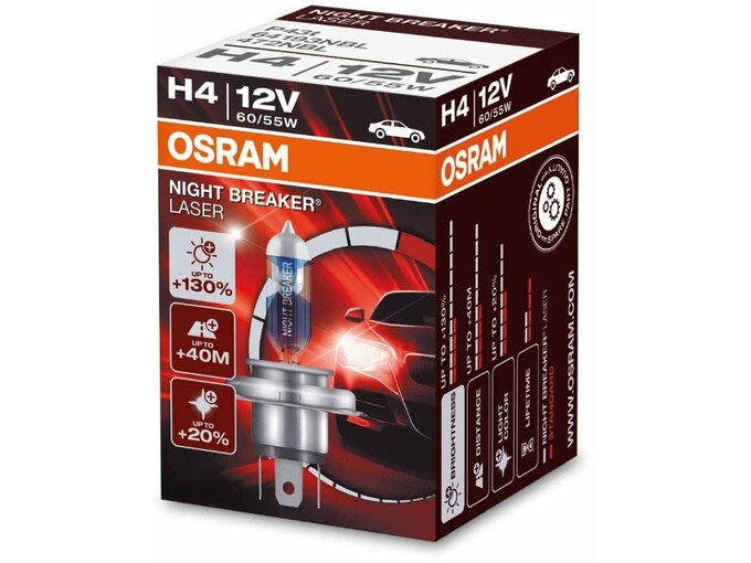 Osram Night Breaker Laser H4 12V 60/55W u kutiji sa oznakama +130 %, +40 m i +20 %