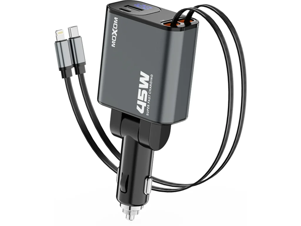 Moxom MX-VC53 auto punjač sa dva kabla na izvlačenje, sa USB-C i Lightning konektorom